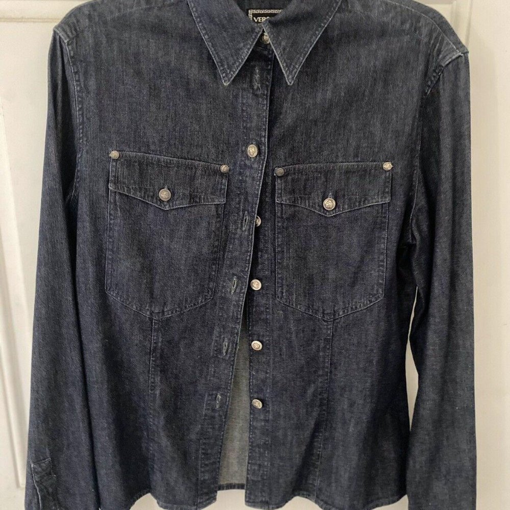 RARE Versace Medusa Button Vintage Denim Dress Shi